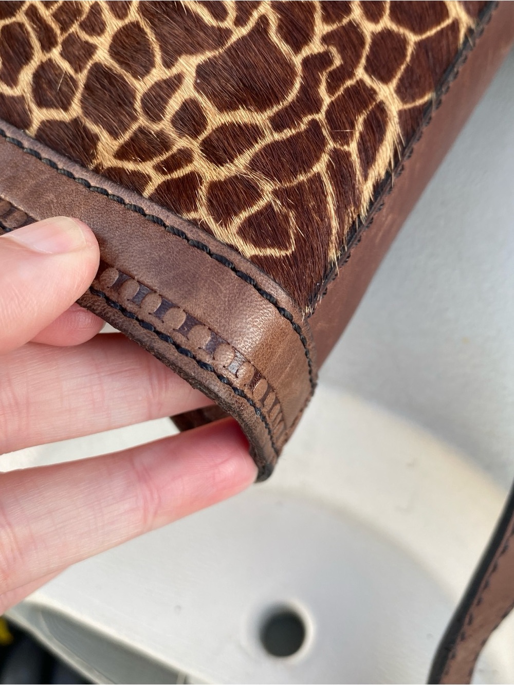 FOSSIL vintage revival reissue brown leather calfhair giraffe satchel bag purse - Picture 14 of 16